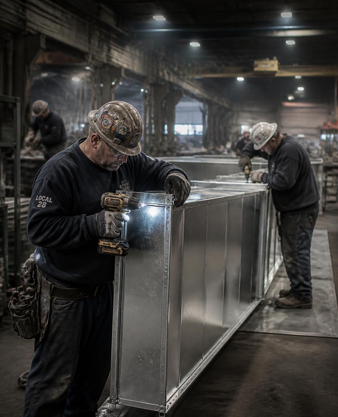 Craftsman assembling a large galvanized HVAC duct section