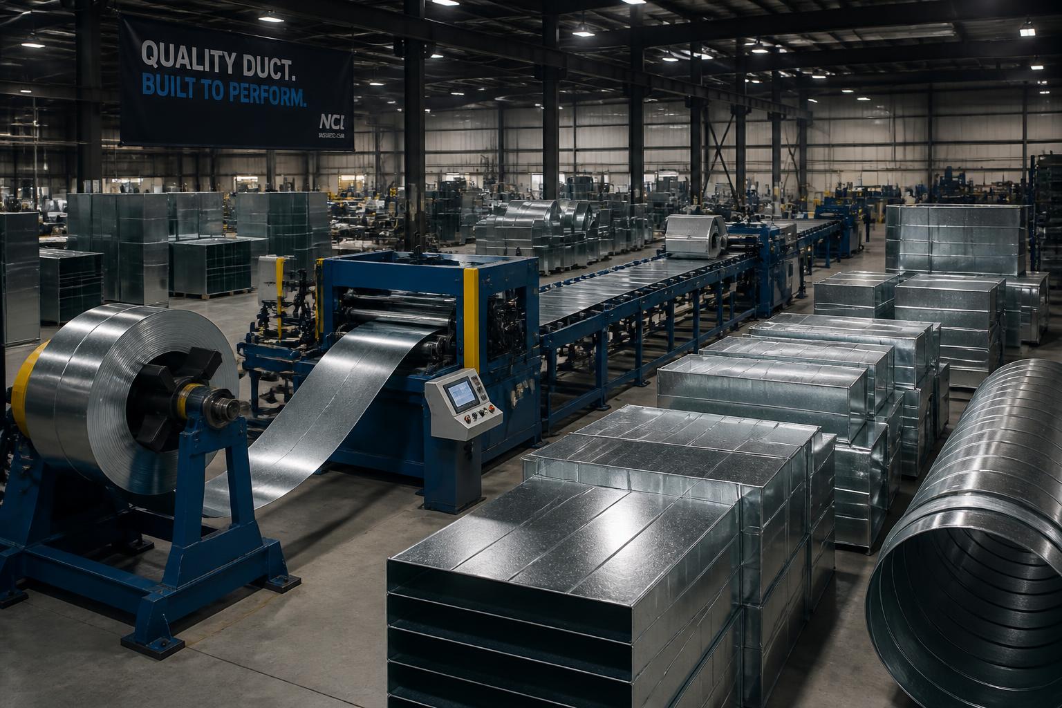 Duct fabrication shop with a coil line and formed rectangular HVAC duct sections